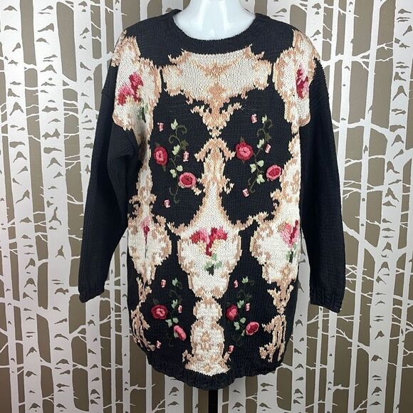 Vintage 90s Hand-Knitted Floral Appliqué Long Line Sweater sz M - Picture 1 of 6